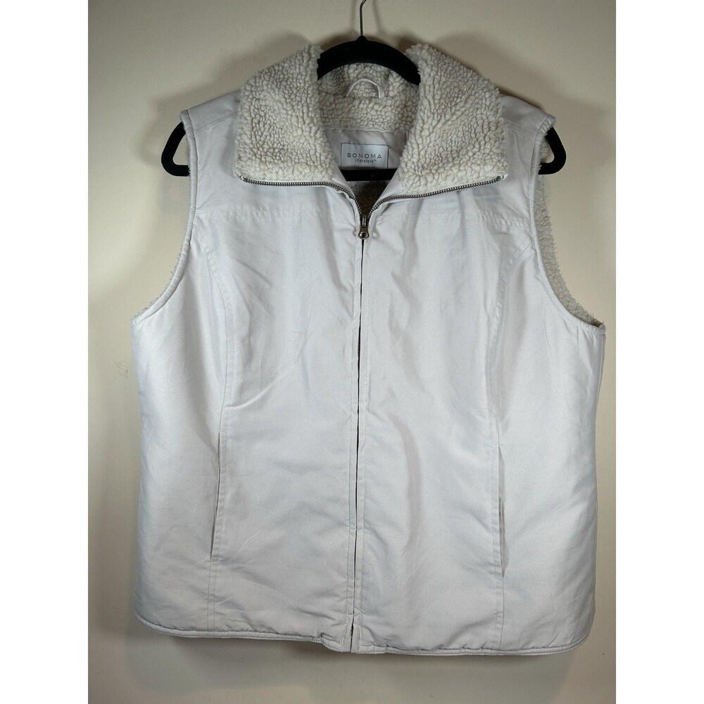 Sonoma Life+Style Full Zip Vest Womens Size L Off White Sherpa Lined Pockets EUC